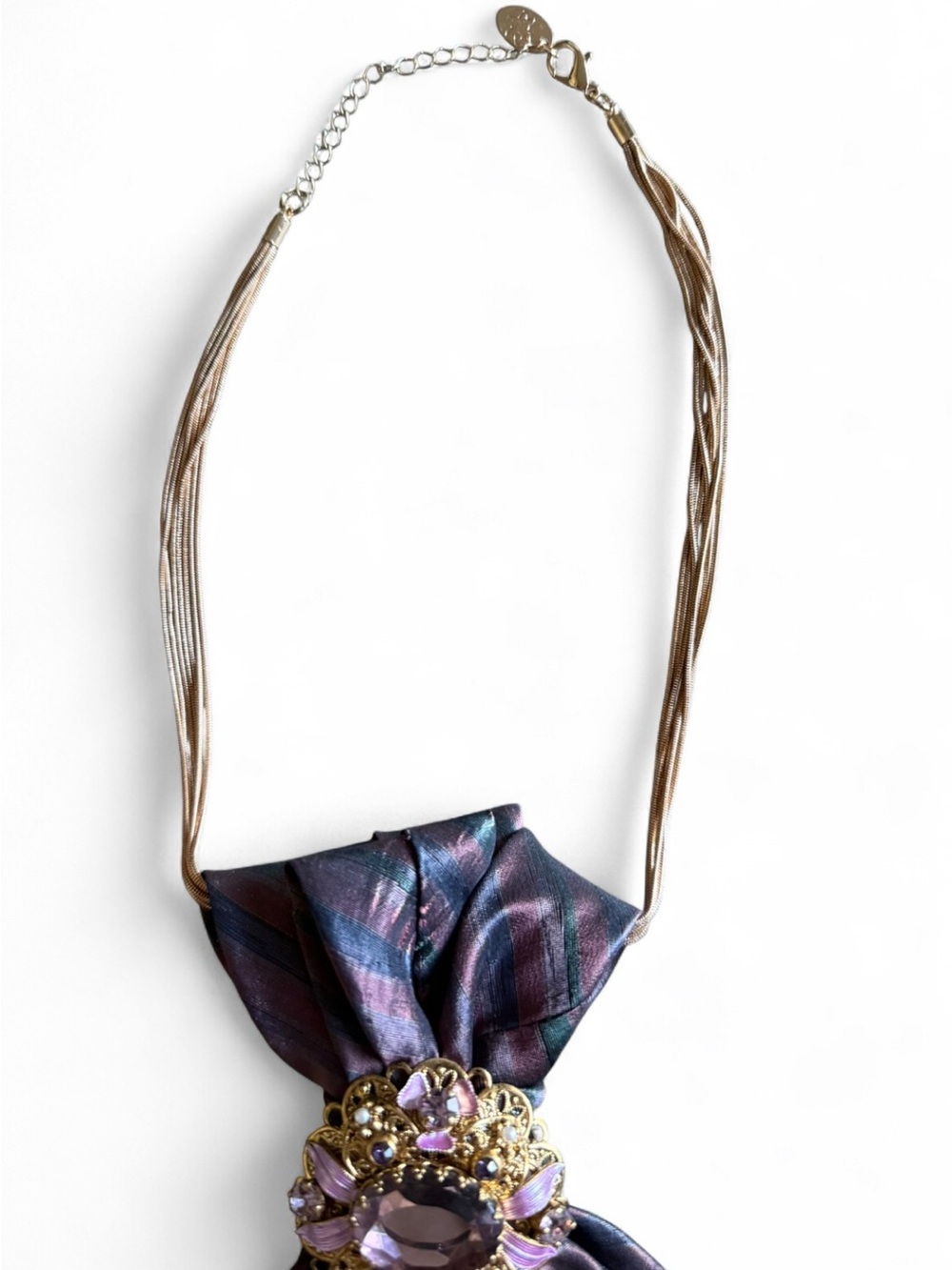 Re-Styled Yves Saint Laurent Silk Necktie Necklace w/Rare W. Germany Brooch - Picture 5 of 5